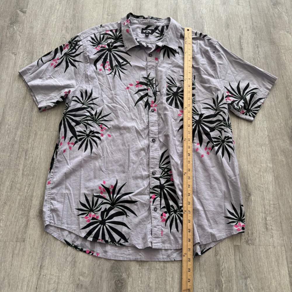 Billabong Mens XXL Gray Tropical Palm Leaf Pink Print Short Sleeve Button Shirt - Picture 3 of 5